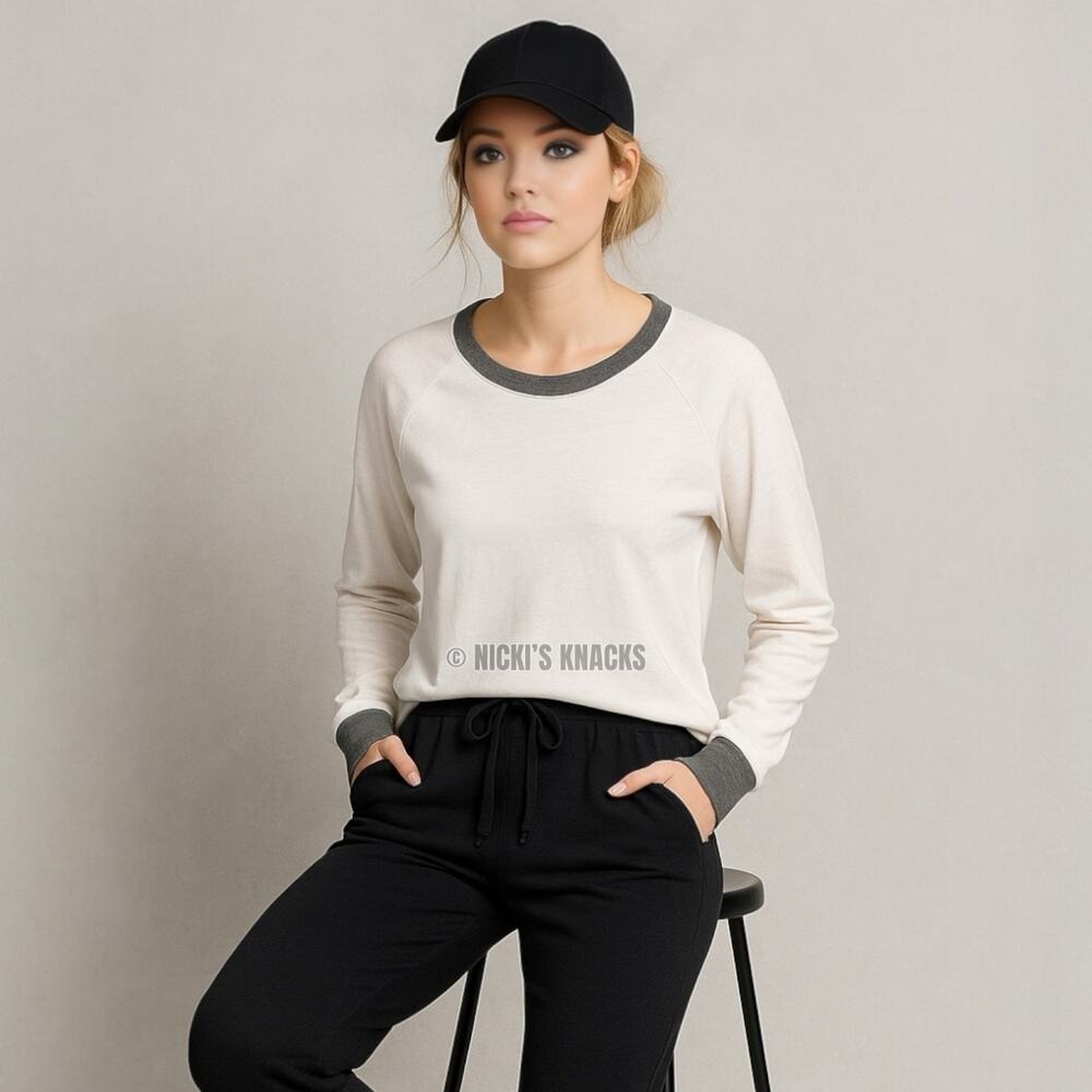 Treasure & Bond Ringer Long Sleeve T-Shirt Super Soft White Gray Size XS